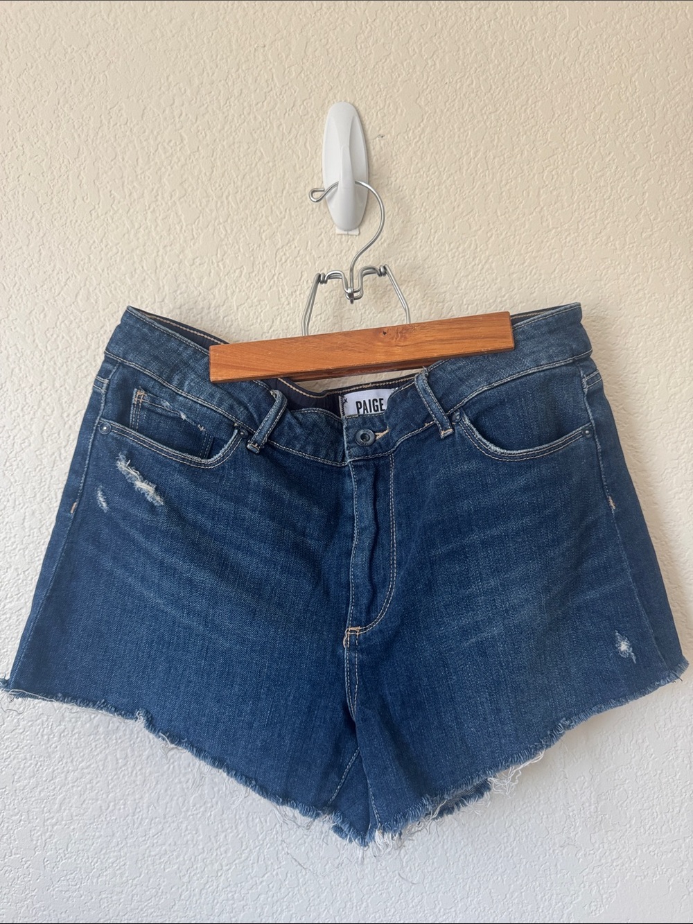 PAIGE Indigo Distressed High-Rise Denim Shorts